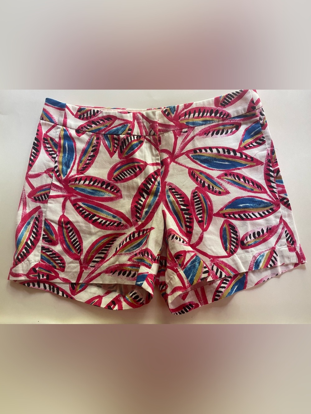 J.Crew 4” Chino Shorts Pink Red Blue Abstract Tropical Leaf Print Cotton Sz 6